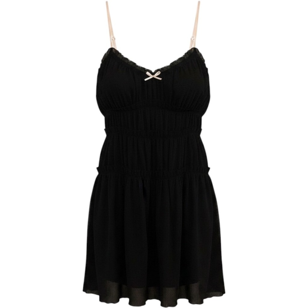 Zara Black Chiffon Smocked‎ Babydoll Mini Dress Ruffled Spaghetti Strap Sz